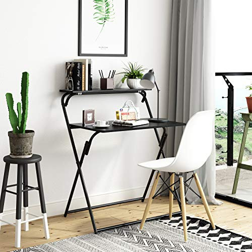 BELIWIN Folding Computer Desk, 2-Tier PC Table for Home Office Study Workstation for Small Space, No Assembly (Black)