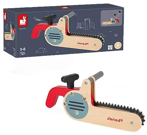 Janod - Tronçonneuse en Bois Brico'Kids - Chaîne en Silicone qui Tourne, Son Réaliste - Compatible Droitier et Gaucher - Jouet d'Imitation Bricolage en Bois Certifié FSC - De 3 à 8 Ans, J06471