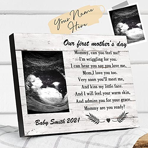 Personalisierter Bilderrahmen mit Schwangerschaft Foto & Text 12x 18 Holz Ultraschall von Baby Kinder Gravur Bild Geschenk für erste junge Mutter Schwangere Kindtaufe Geburt Muttertag Weihnachten