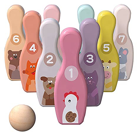 ZoneYan Kinder Bowling Spielzeug, Bowling Set Aus Holz, Kinder Kegel Spielzeug, Bowling Spiel, Bowling Toy Set, Kegelspiel Bowling Für Kinder, Wooden Bowling Ball (L)