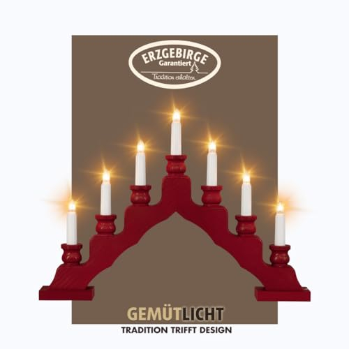 weigla - Schwedenleuchter original Erzgebirge I Trendiger Schwede BORDEAUXI LED I Schwibbogen Weihnachten I 7 Lampenkerzen + 1 Ersatzlampe I 7 x 34 V, 0,2 W, E10 I Weihnachtsdeko innen I Kiefernholz