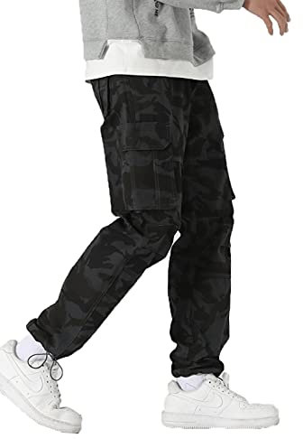 Olmecs Hommes Pantalons Elastique Coton Taille Plus Cargo Droite avec Poches Printemps/Automne Camouflage Noir XL