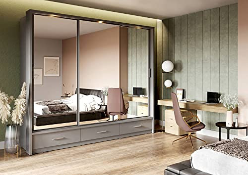 Arthauss Arti 23-3 Sliding Door Wardrobe 250cm: Elegant Mirrored Wardrobe with Sliding Doors in Grey Matt, Wooden Flat Pack Wardrobe Storage Solution, Mirrored Furniture for a Vibrant Atmosphere