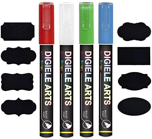 DIGIELE Kreidestift Set - Rot, Grün, Blau & Weiß, 4 Kreidestifte 3mm + 16 Tafel Labels, Reversibel Dünne oder Mittlere Spitze, Trocken oder Feucht Abwischbare Kreide für Whiteboard/Tafel/Fenster/Glas