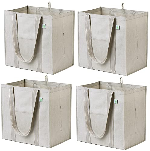 VENO 4 Pack Reusable Grocery Shopping Bag w/Bottle Holder, Trolley Shopper Bags for Cart, Multipurpose Heavy Duty Tote, Daily Utility Bag, Stands Upright, Sustainable (4 Pack, Beige)