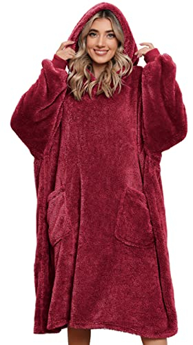 Tuopuda Übergroße Hoodie Sweatshirt Damen Herren Decke Sweatshirt Pullover mit Kapuze Langarm Kapuzenpullover Oversized Pulli mit Taschen Super Weiche Gemütliche Warme Riesen-Hoodie Shirt, Rotwein