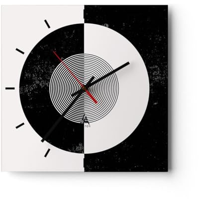 Modern Wanduhr Abstraktion Rad Schwarz und Weiß 30x30cm Quadrat Klein Wand Uhr Glas Analog Zimmeruhren Küche Büro Wohnzimmer Glasuhr Wall Clock Dekoration Design Küchenuhr C3AC30x30-4316
