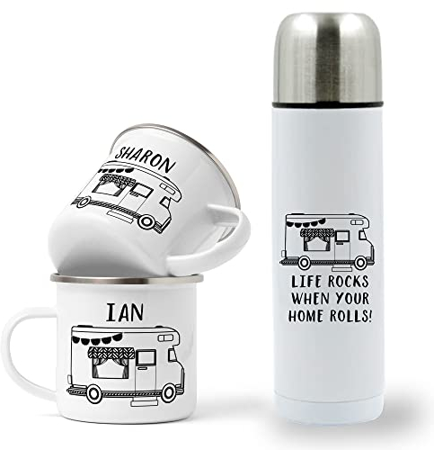 Personalised Motorhome Mug and Flask Set, Campervan Gift, Flask, Caravan Gift, Personalised Camping Mugs