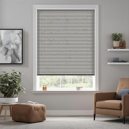 Grey/Silver Plain PVC venetian Blind - Width 195cm x Drop 150cm - 25mm Horizontal Slats - Easy Fit Trimmable fitting with Tilt control Wand Mechanism