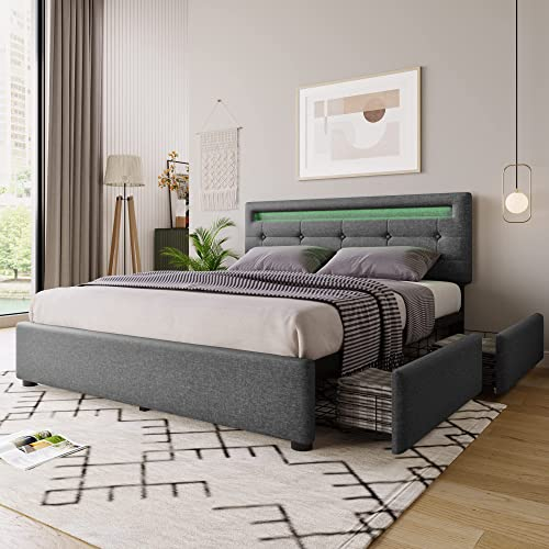 BTM Polsterbett 140x200 cm mit LED-Beleuchtung, Doppelbett Gepolstert mit 4 Schubladen, Bettgestell mit Lattenrost aus Holz, aus Samt, Grau (Ohne Matratze), 140x200 cm