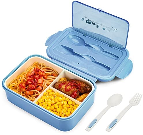 BIBURY Lunch Box, Leakproof Bento Box for Kids Adults, Food Container with 3 Compartments and Cutlery Set, BPA Free, Microwave and Dishwasher Safe Meal Prep Containers - Blue