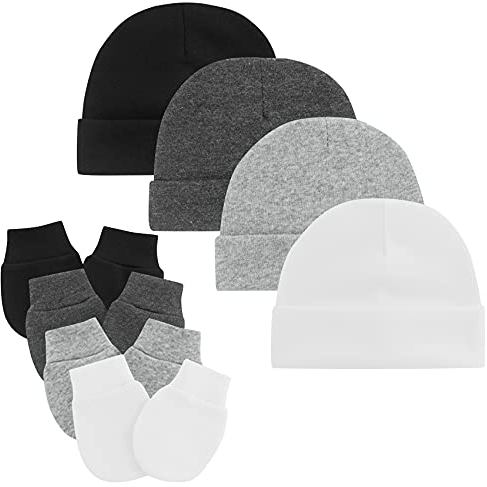 Century Star Neugeborenes Babymütze und Baby Handschuhe Set Baumwolle Beanie Unisex Mütze Baby Mädchen Jungen für 0-6 Monate 4er Set Weiß Schwarz Grau und Schwarzgrau
