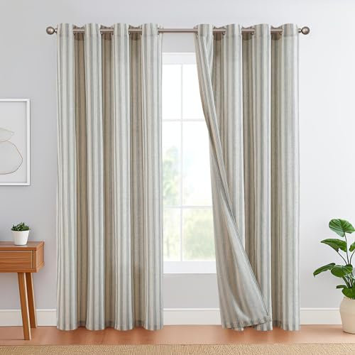 TOPICK Leinen Gestreifte Vorhänge Schwarz Streifen Gardinen mit Ösen Ticking Streifen Muster Leinenoptik Vorhänge Lichtfilterung für Wohnzimmer Nadelstreifen Gardine Blickdicht 2 Stück 130x245cm