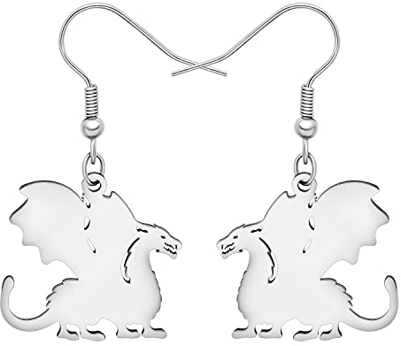 RAIDIN Edelstahl 18K Gold Plattiert Tier Baumeln Ohrringe für Damen Mädchen süße Dinosaurier Drache Hypoallergene Haken Ohrringe Schmuck für Geschenke (SE008-Silber Drache)