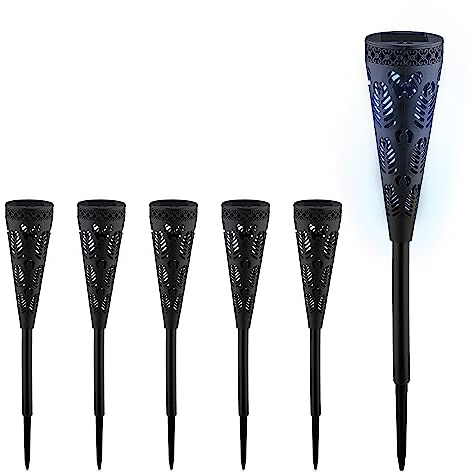 Relaxdays Solarlampe 6er Set, Fackel-Design, Gartenbeleuchtung mit Lichteffekt, H x D: 41 x 7 cm, mit Erdspieß, schwarz