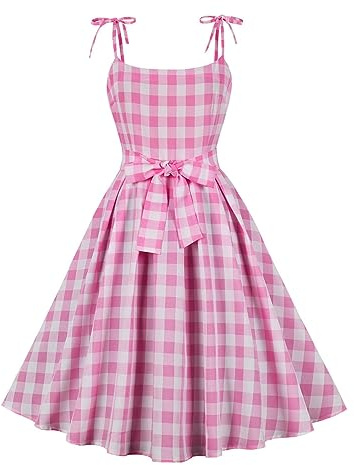 Costume de Vintage pour Femme, Jupe à Carreaux, Robe avec nœud, Vintage Anime Jeu de Rôle Robe pour Halloween Party Rose 1950s Rockabilly 1950s Cocktail