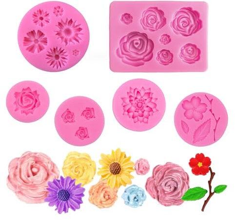 Vasemele 6 Stück Silikonform Blüten 3D Backform Silikon Rosenform Fondant Silikonformen Blume 3D Fondant Formen Rose Kerzen Gießformen Blumen Silikonform Fondant Formen Blume Blühen Rose Form