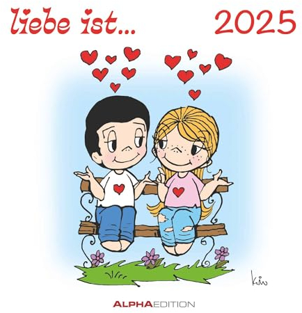 Alpha Edition - liebe ist...2025 Postkartenkalender, 16x17cm, Wandkalender mit Postkarten zum Heraustrennen, mit Aufsteller und deutschem Kalendarium
