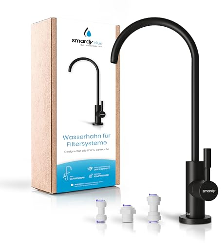 smardy Osmose Armatur Wasserhahn aus Edelstahl, 360° schwenkbar für Osmoseanlage Umkehrosmose und Wasserfilter 1/4 Zoll (6,35mm) schwarz