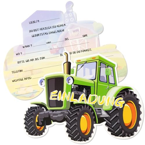 O-Kinee 12 Stück Traktor Einladungskarten Kindergeburtstag, Geburtstagseinladungen Jungen Mädchen, Einladungen zum Kindergeburtstag Traktor, Einladungskarten Geburtstag Traktor