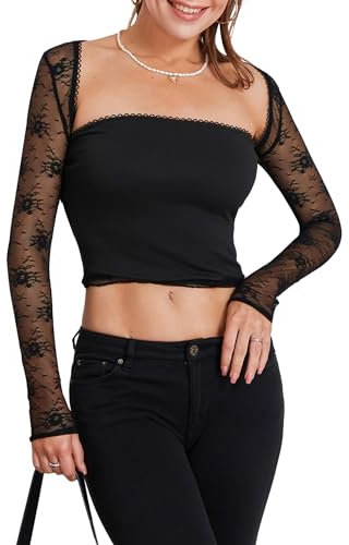 Women's Arm Sleeves Mesh Lace Floral Belero Shrug Y2k Long Sleeve Crop Top Sheer Cardigan with Tube Tops (A-Black, L)