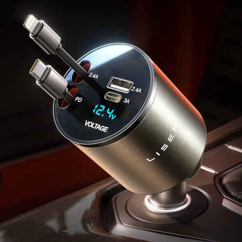 LISEN 69W Retractable Car Charger Adapter [All Metal] 4 in 1 Cigarette Lighter USB C Car Charger 12V USB Socket Fast Charging Design for iPhone 16 15 14 Deals 2025