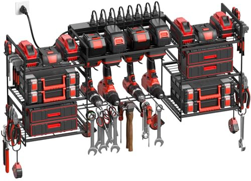 CCCEI Organisateurs d'outils électriques noirs pour montage mural, grands outils et station de charge pour rack de stockage de batterie, 8 supports de perceuse, tout métal,