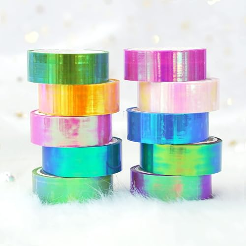 CGLRybO 10 Rollen Washi Tape Set, Helles holografisches Farbmaskierungsband Regenbogen-Papierbänder für Bullet Journals,Scrapbooking & Bastelbedarf