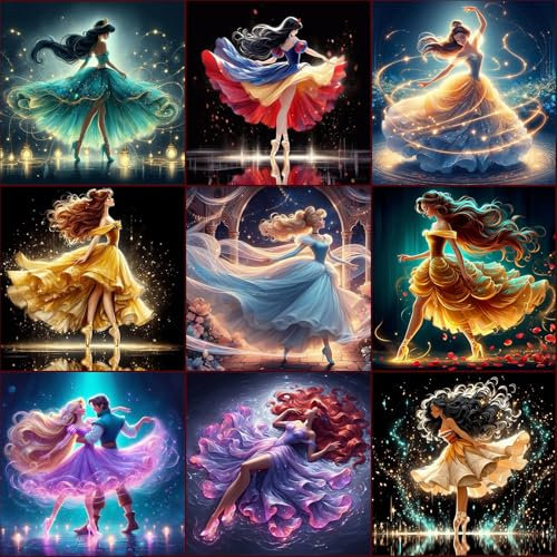 KEYRANKE 9 Stück Diamond Painting Disiney Prinzessin Set, 5D Diamant Painting Bilder Diamond Malen nach Zahlen Wohnzimmer Bilder Für Dekorationen DIY Gem Art for Gift Home Wall Decor (30x30cm)