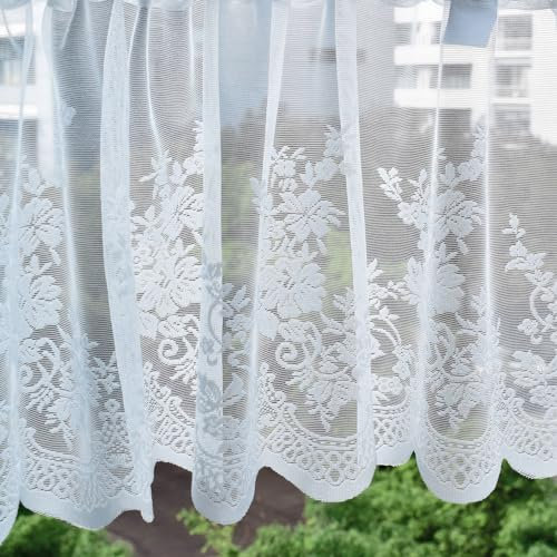 Molaxhome Spitze Scheibengardinen Kurzstores Blume Jacquard Halbtransparent Küchengardinen Bistrogardine Fenstervorhang Küche Vorhänge Fensterschal mit gebogter Kante Valance für Küche Cafe Wohnzimmer