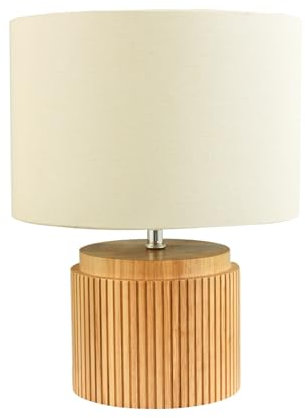Classic and Stylish Real Wooden Round Table Lamp with Natural Cream Linen Fabric Shade | 39cm x 30cm | White Inline Switch by Happy Homewares