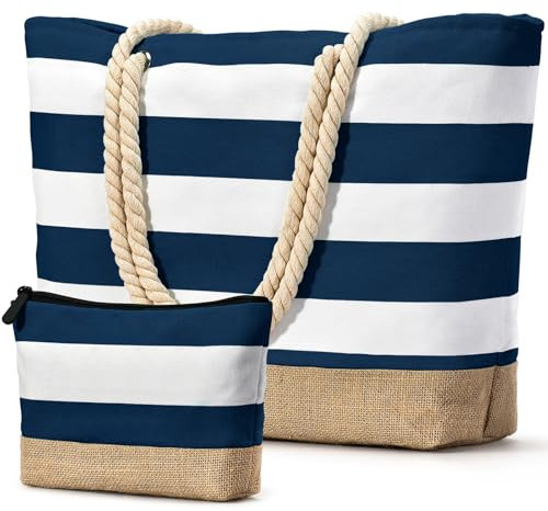 oscaurt Strandtasche Badetasche XXL Shopper Tasche Damen Umhängetasche Wasserdicht Beach Tote Bag mit Reißverschluss Faltbare Reisetasche Travel Bag Sporttasche (Leer-Dunkelblau)