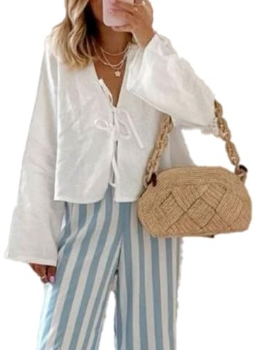 Chvity Tie Front Tops for Women Y2K Linen Shirts Flare Sleeve V Neck Going Out Coquette Clothes Casual Lace Up Bow Blouses, White, M