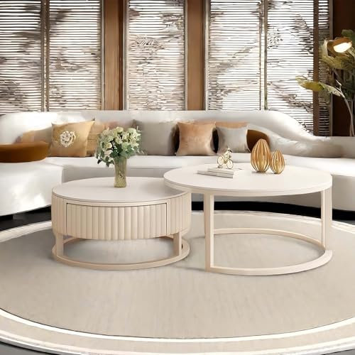 MDXVRKYBC 50+70cm Runder Couchtisch Rund 2er Set Couchtisch Weiß Mit Stauraum, Massiver Rahmen Aus Gebürstetem Metall+Hitzebeständige Steinplatte, Wohnzimmertisch Sofatisch Nested Beistelltisch