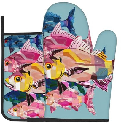 Ofenhandschuhe und Topflappen, buntes Fisch-Cartoon-Motiv, 2-teilig, hitzebeständig, wasserdicht, Backhandschuhe, Topflappen