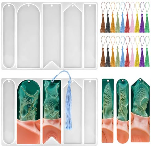 JJUNW 10 Stück Lesezeichen Silikonform, 5 Formen Epoxidharz Lesezeichen Form mit 20 Quasten, Lesezeichen Harz Form Silikonform Epoxidharz für DIY Lesezeichen Handwerk