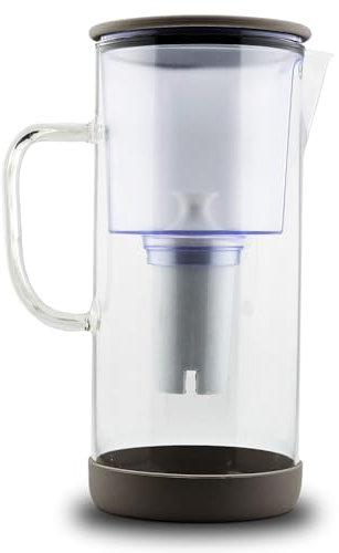 Glass Pitcher with Mineral Rich pH Balancing Filter, Sleek Glass Lid – Brita Compatible Fridge Friendly Design (Taupe)