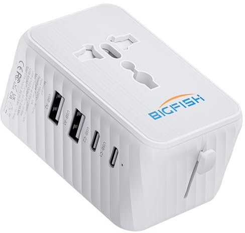 Bigfish Adaptador Enchufe Universal de Viaje, Adaptador Universal Enchufe Viaje con 2 USB-C y 2 USB-A, Adaptador Enchufe UK USA Japon Canadá Australia Tailandia, Universal Travel Adapter