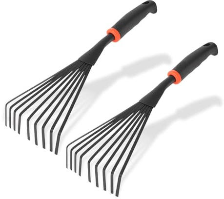 2 Stück Gartenhandrechen, 36,8 cm, legierter Stahl, kurzer Griff, Strauchrechen zum Lösen des Bodens, Pflanzen und Verteilen von Mulch, Blumenbeeten