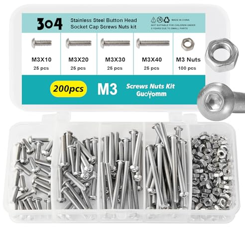 GuoYomm Set di viti M3, 200 pezzi di viti a esagono interno con testa bombata e set di dadi, set di bulloni meccanici in acciaio inox 304 completamente filettati in scatola combinata, lunghezze: 10mm
