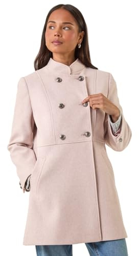 Roman Petite Military Buttoned Coat For Women UK - Ladies Everyday Autumn Winter Stand Collar Comfy Soft Evening Vacation Work Party Night Out - Petite Light Pink - Size 18