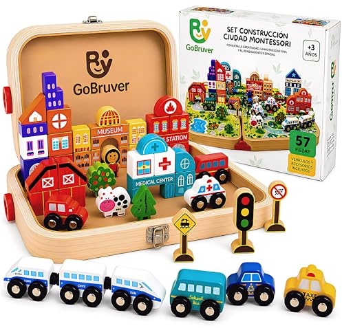 GoBruver Juguete Montessori de Madera 57 Piezas para Niños 3 4 5 6 Años – Bloques de Construcción Ciudad con Tren, Coches, Edificios y Señales de Tráfico – Juego Educativo con Maletín