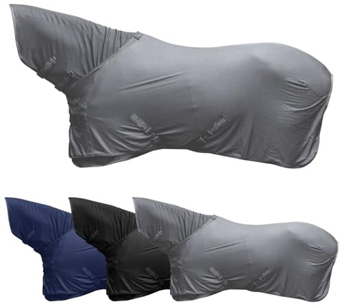 Covalliero - Abschwitzdecke Light – Pferdedecke mit Halsteil (separat) – Transportdecke mit Schnellverschlüssen & Kreuzgurten – schnell trocknend & atmungsaktiv – Stahlgrau – 145cm