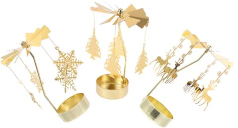 TOYANDONA 3 Stück Rotierender Teelichthalter Gold mit Schneeflocken Metall Karussell-kerzenhalter Hitzebetriebener Windmühlen-drehkranz Dekoratives Tischmittelstück für Weihnachten und