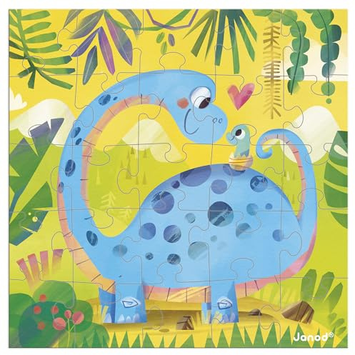 Janod – Grußkarte-Puzzle – Geschenkkarte-Puzzle 25 Teile Dinosaurier + 1 Karte + 1 Umschlag – Ideal als Geburtstagskarte, Grußkarte – Ab 3 Jahren, Dino