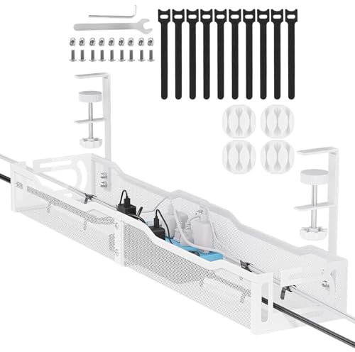 Kabelkanal Schreibtisch Weiß, 64cm ohne Bohren zum Kabel Verstecken | Einfach zu Installierender Untertisch Kabelmanagement Kabel-Organizer für Büro und Zuhause