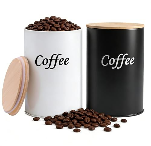 ZHIYUQL® 2× Kaffeedose luftdicht 500ML Kaffeebohnen Behälter mit HolzDeckel | Vorratsdose Kaffee Aufbewahrungsdose Rund, Kaffeedose Tupperware für Gemahlenen Kaffeekapseln,Tee (Schwarz & Weiß)