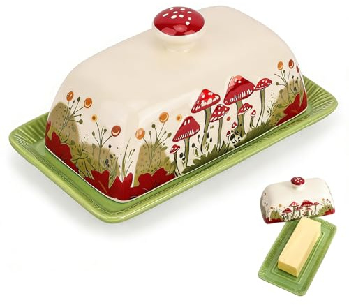 Butterdose Keramik, Hochwertige Butterbox Porzellan mit Roter Griff und Buntes Pilzen Muster, Dickwandiger Butterglocke Butterschale Butterbehälter Butterdose, Spülmaschinengeeignet