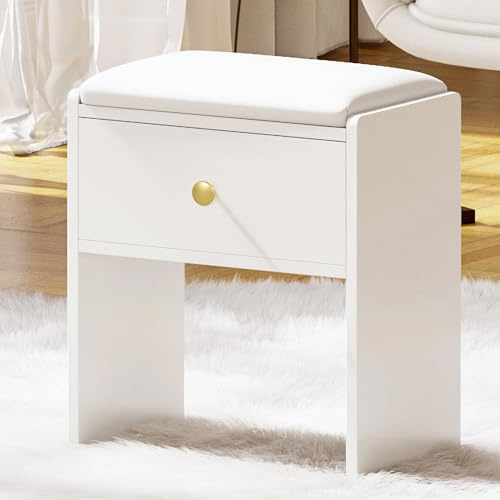 Jooli H Dressing Table Stool with Storage Drawer, Padded Bench Wooden Vanity Chair Piano Stool White, 40x46x23.5cm (White-Drawer)