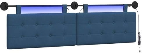 vidaXL Hängendes Kopfteil Mit LED Licht Blau Stoff, Moderner, rechteckiger Polster-Kopfteil, Wandmontage, anpassbare Schlafzimmer-Deko, platzsparende Möbel Ideen